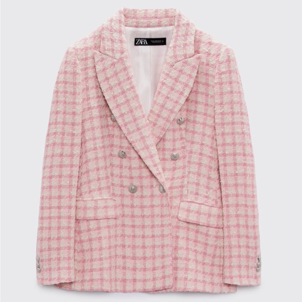 Pink Check Tweed Double-Breasted Blazer